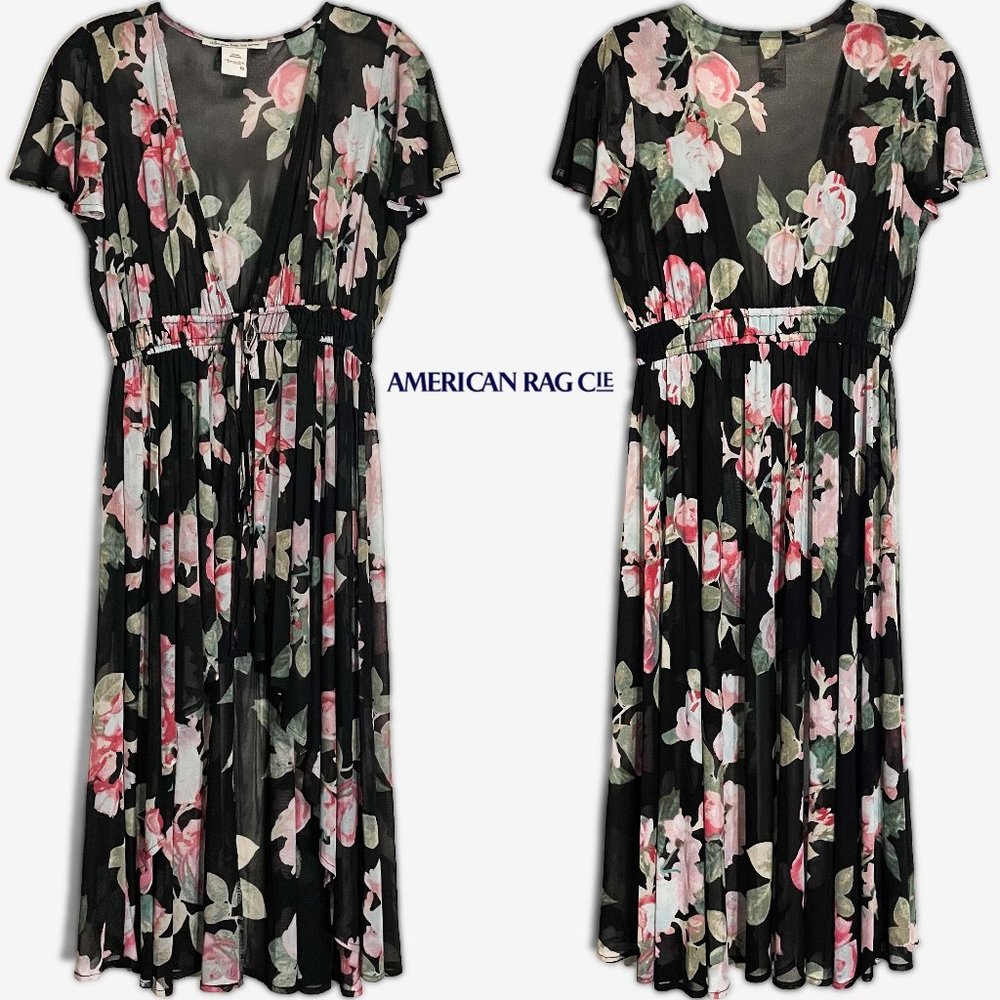 AMERICAN RAG SHEER HIGH LOW PRINTED FLORAL DUSTER WITH DUAL FRONT TIES NW0T SZ S